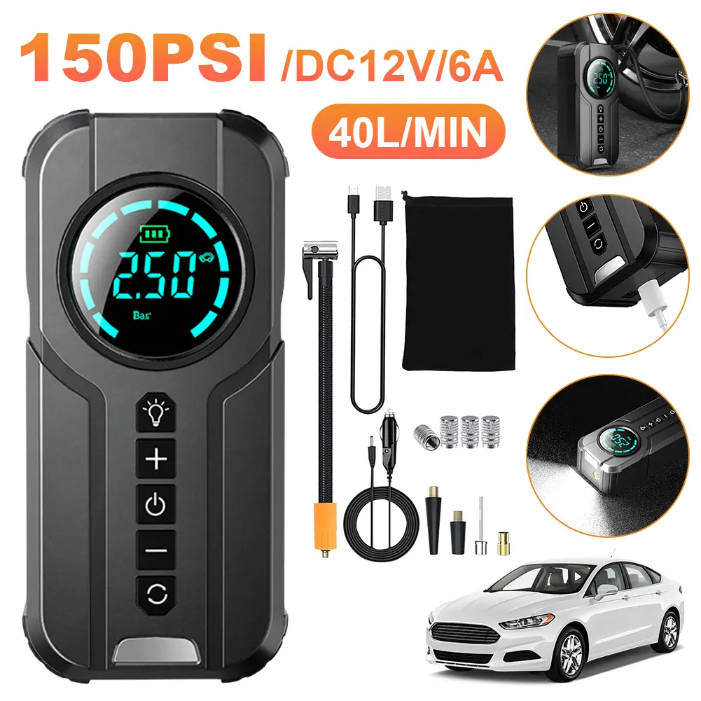 Portable Car Air Compressor 12V 100W Electric Tire Inflator LCD Display Rechargeable Air Pump Digital Cordless Car Tyre Inflator