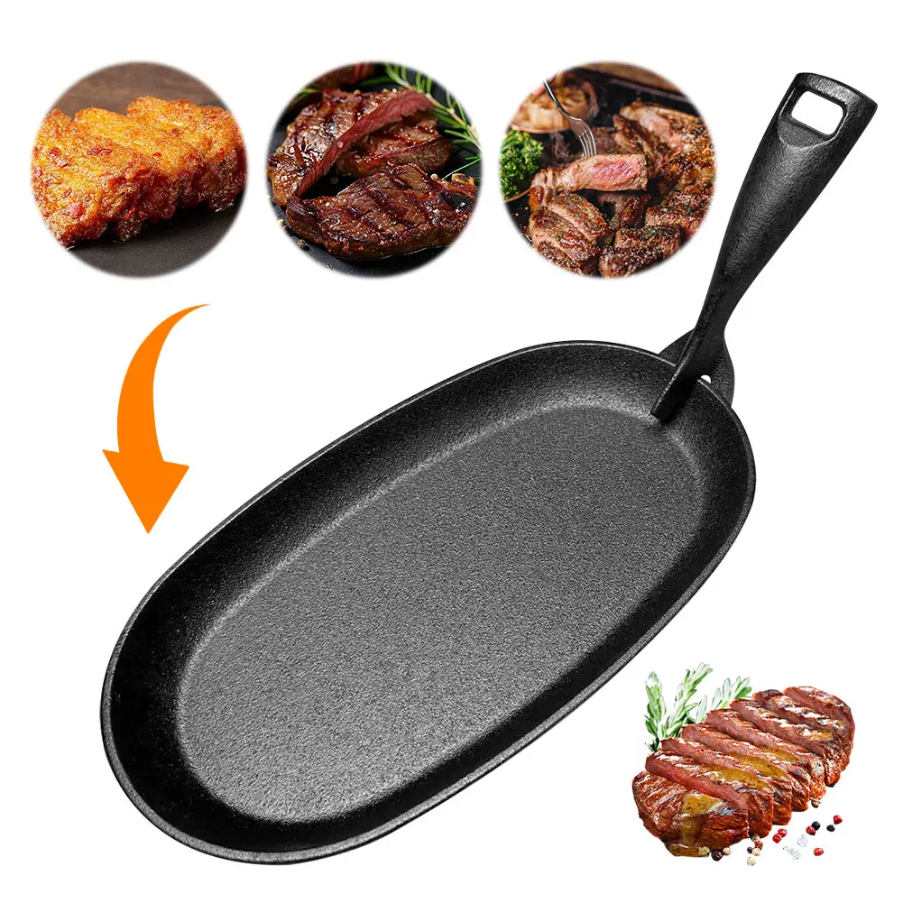10.6 X 6.89in Cast Iron Sizzler Pan Oval Shape Steak Plate Fajita Skillet Sizzle Griddle Fajita Server Plate for Home Restaurant