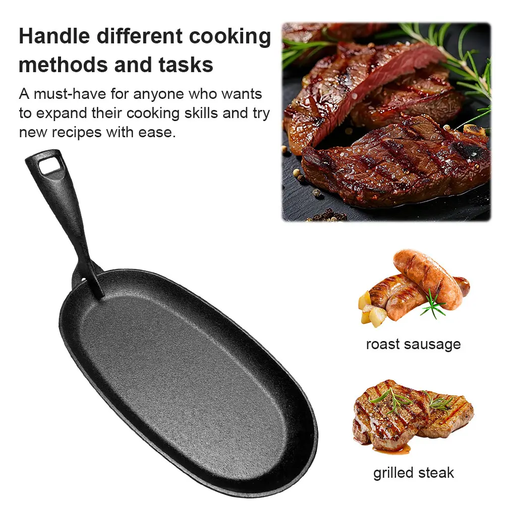 10.6 X 6.89in Cast Iron Sizzler Pan Oval Shape Steak Plate Fajita Skillet Sizzle Griddle Fajita Server Plate for Home Restaurant