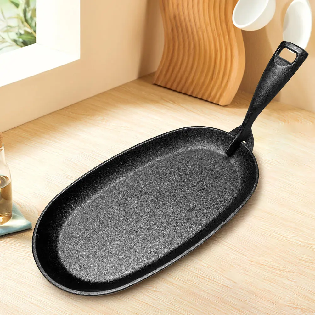 10.6 X 6.89in Cast Iron Sizzler Pan Oval Shape Steak Plate Fajita Skillet Sizzle Griddle Fajita Server Plate for Home Restaurant