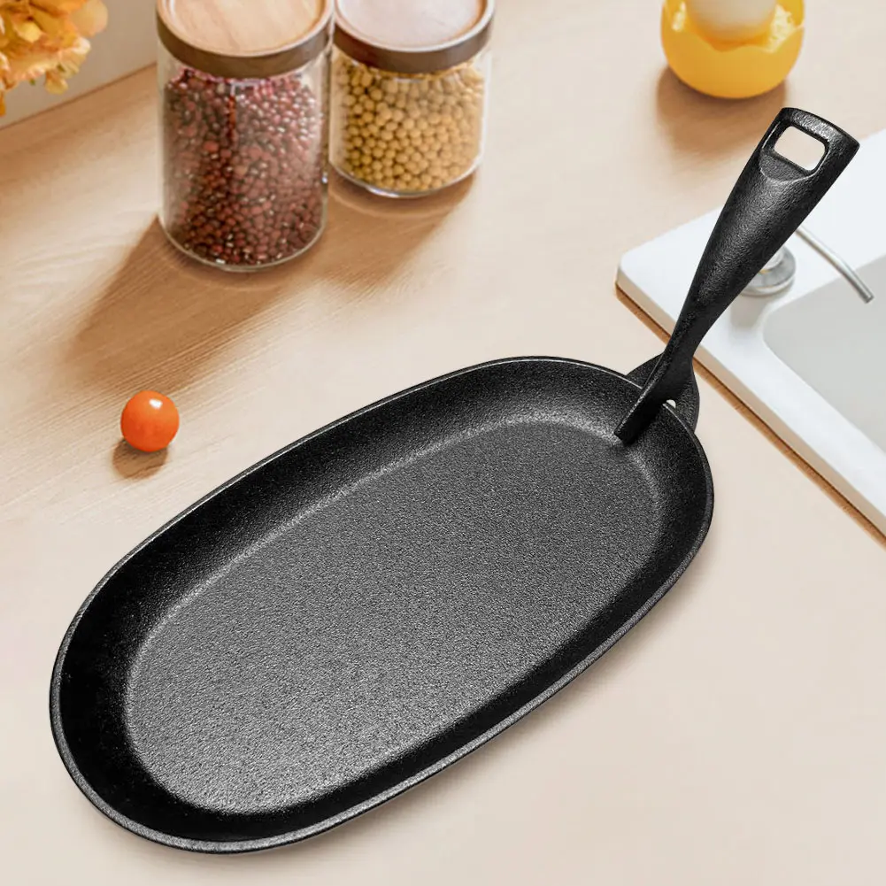 10.6 X 6.89in Cast Iron Sizzler Pan Oval Shape Steak Plate Fajita Skillet Sizzle Griddle Fajita Server Plate for Home Restaurant