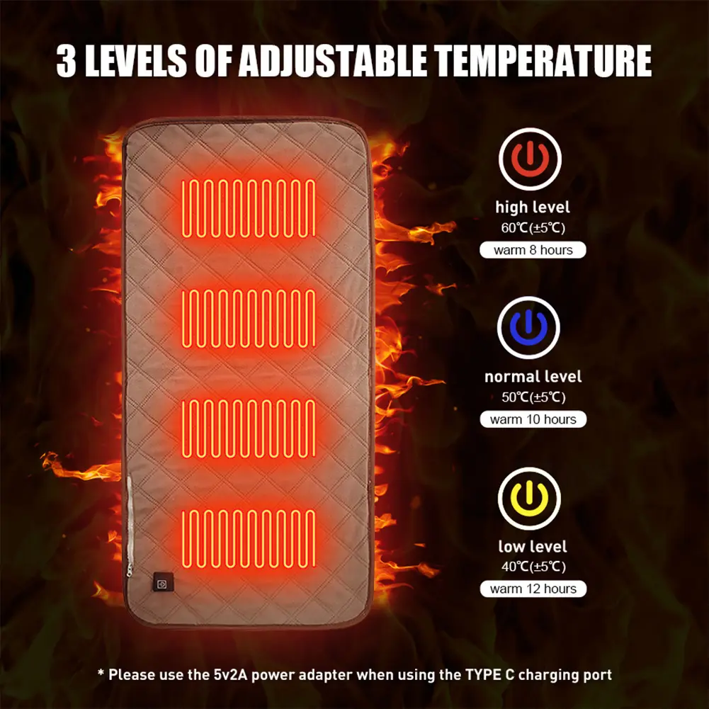 4 Heated Areas Camping Chair Heated Mat Winter USB Electric Blanket 3 Levels Rechargeable Heater Cushion for Outdoor Travel