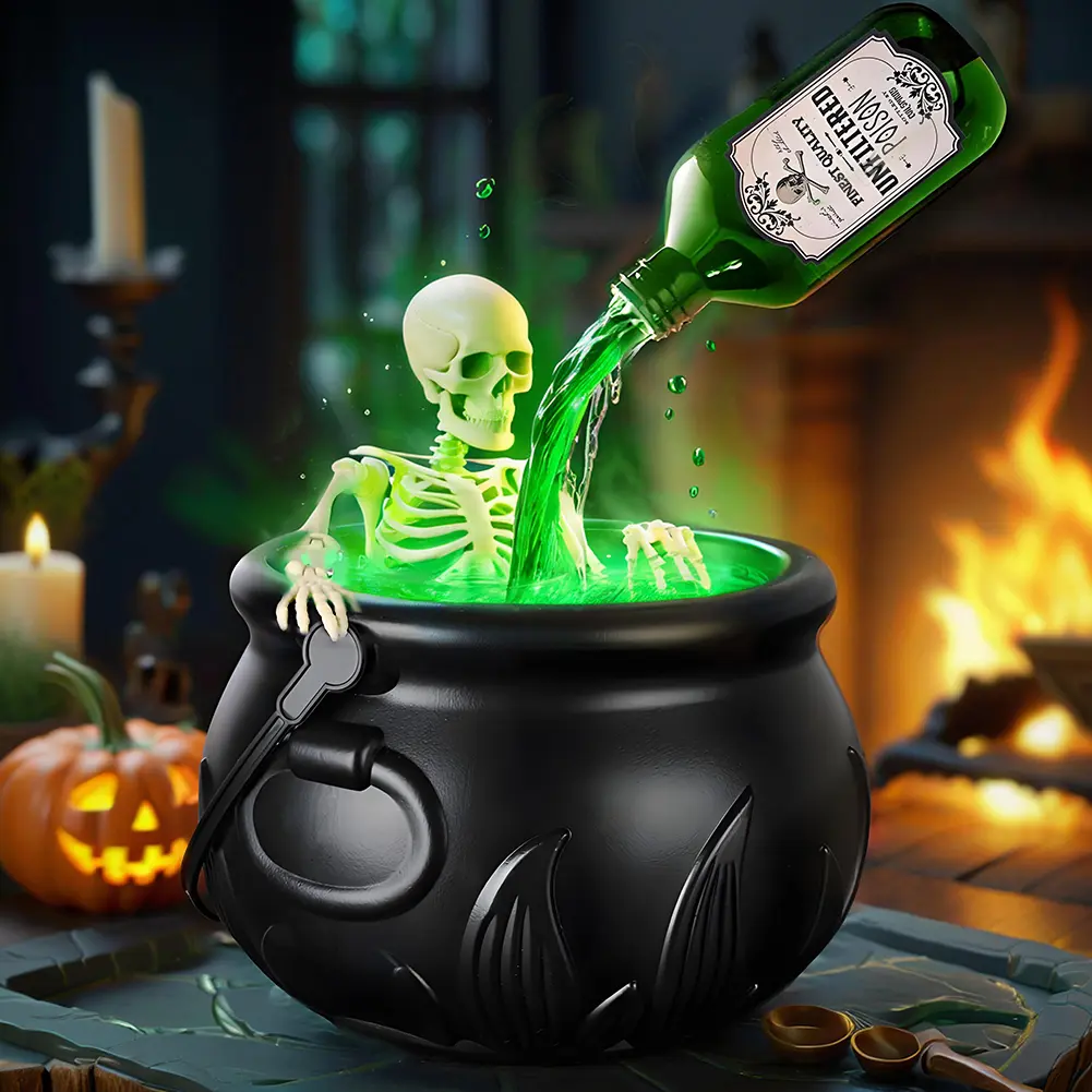 Halloween Witch Cauldron with water pump & Fog Mist Maker Skeleton Decor for Spooky Hocus Pocus Party Home Halloween Party Props