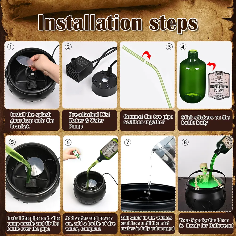 Halloween Witch Cauldron with water pump & Fog Mist Maker Skeleton Decor for Spooky Hocus Pocus Party Home Halloween Party Props