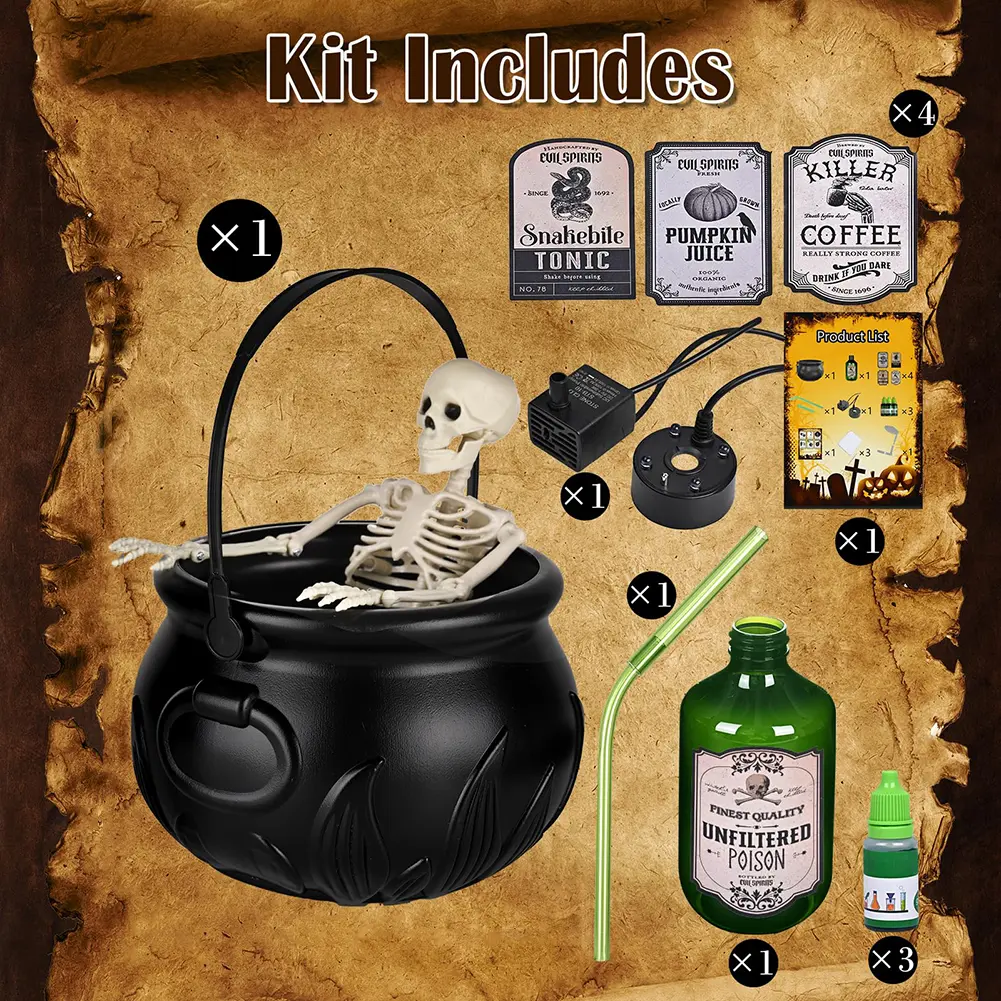 Halloween Witch Cauldron with water pump & Fog Mist Maker Skeleton Decor for Spooky Hocus Pocus Party Home Halloween Party Props