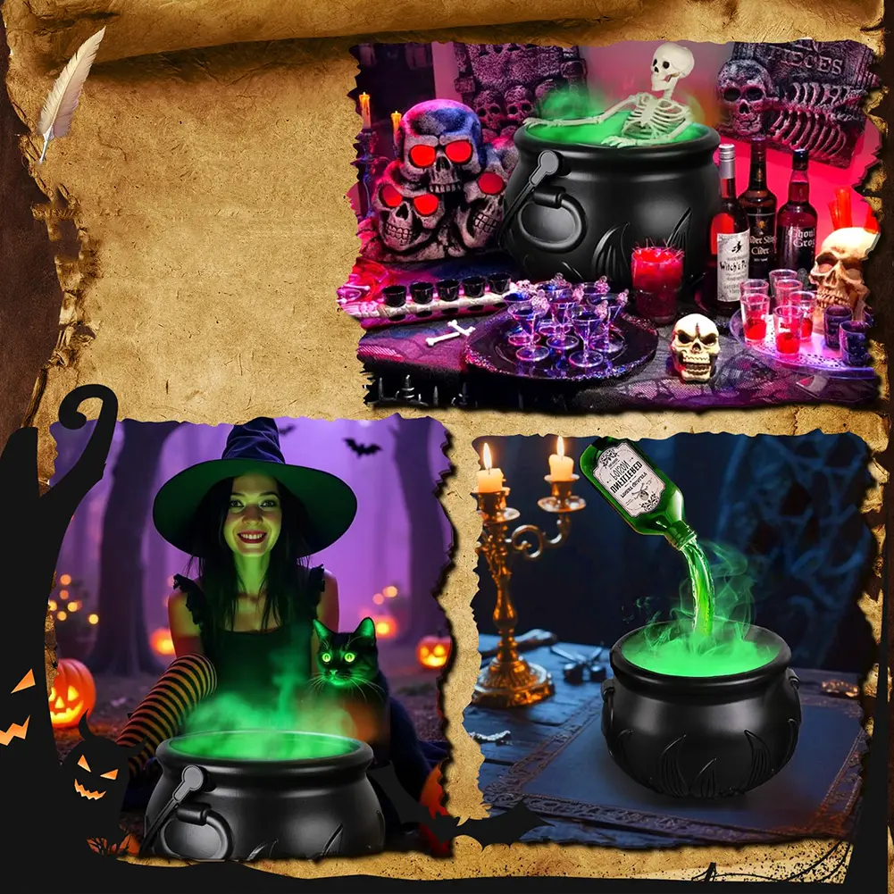 Halloween Witch Cauldron with water pump & Fog Mist Maker Skeleton Decor for Spooky Hocus Pocus Party Home Halloween Party Props
