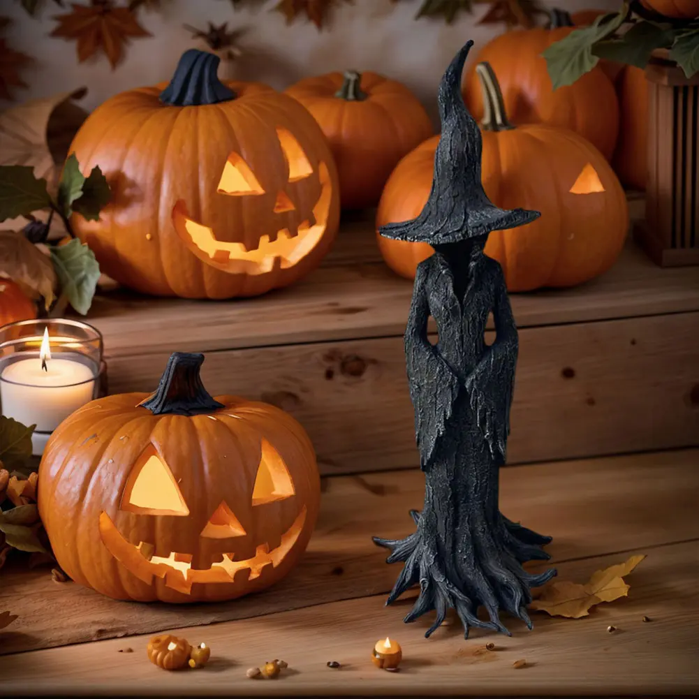 Witches Halloween Decorations Outdoor Cracker Barrel Witch Statue Gothic Halloween Resin Figurine Dark Fantasy Home Ornaments