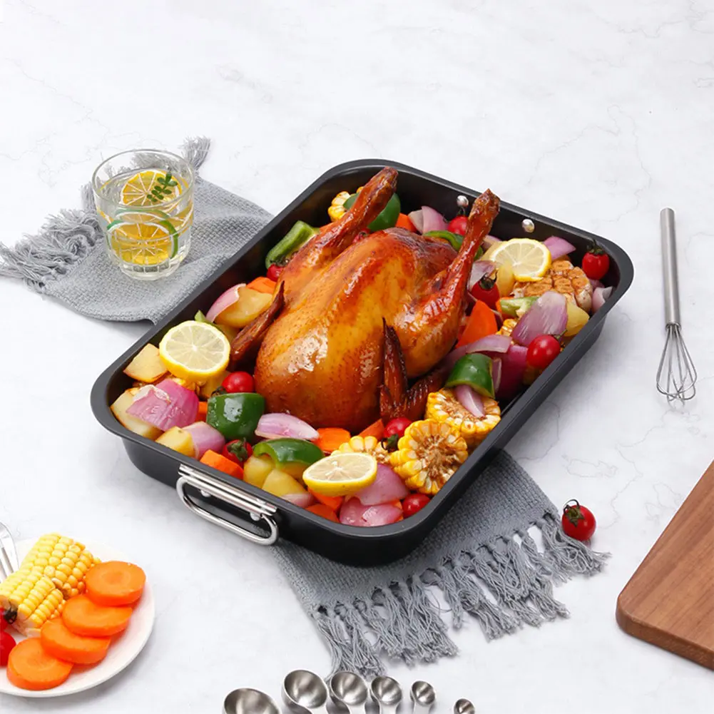 Carbon Steel Roaster with Rack Multi-Function Thickened Baking Pan Dishwasher Safe Rectangular Roaster Pan for DIY Cake Chicken