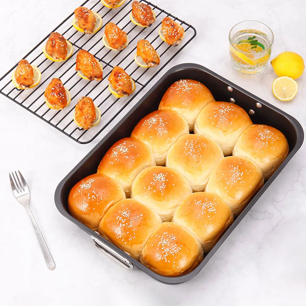 Carbon Steel Roaster with Rack Multi-Function Thickened Baking Pan Dishwasher Safe Rectangular Roaster Pan for DIY Cake Chicken