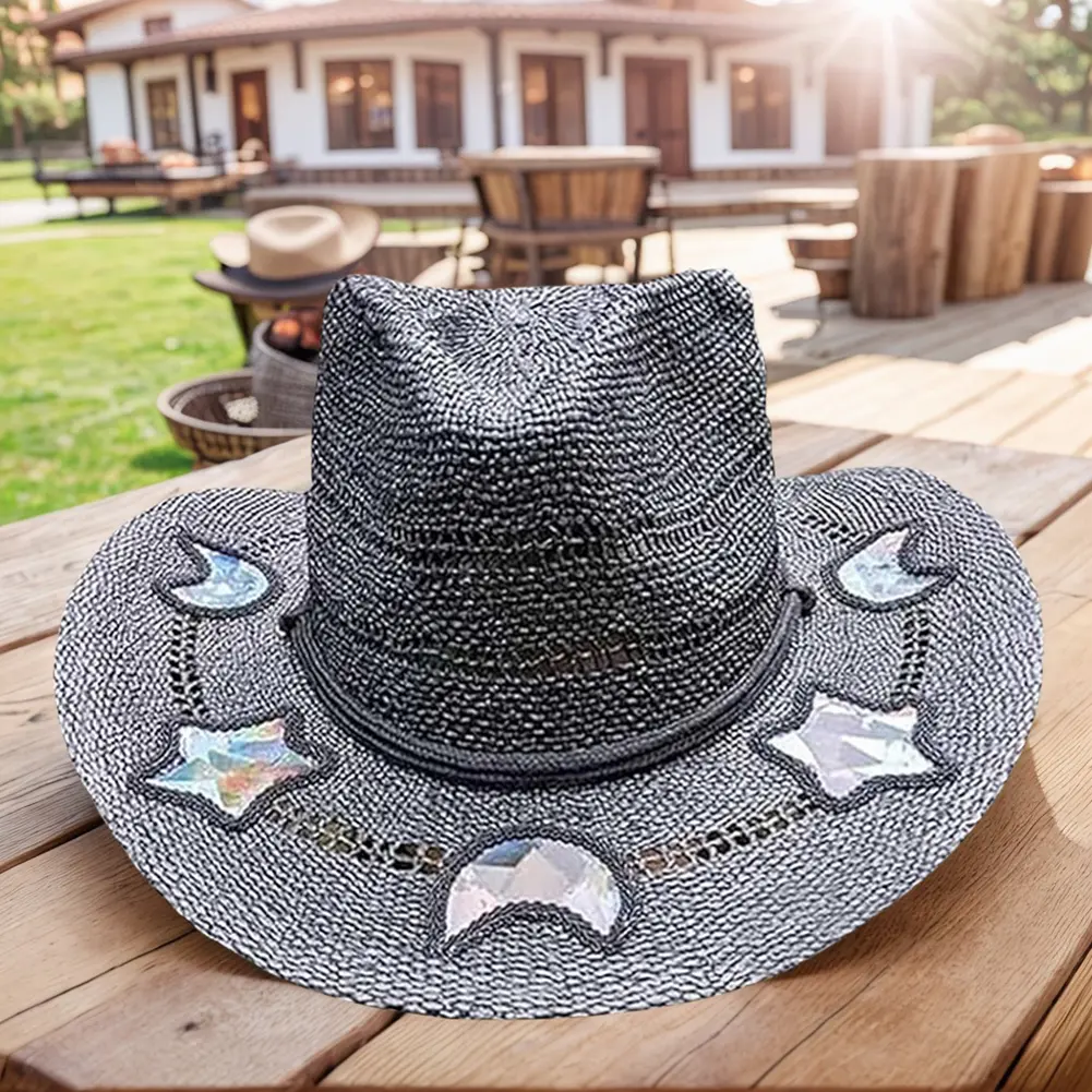 Women's Straw Cowboy Hats Summer Sun Hats Western Cowboy Sun Hats Vintage Beach Straw Caps Western Bohemia Cowboy Moon Love Hats