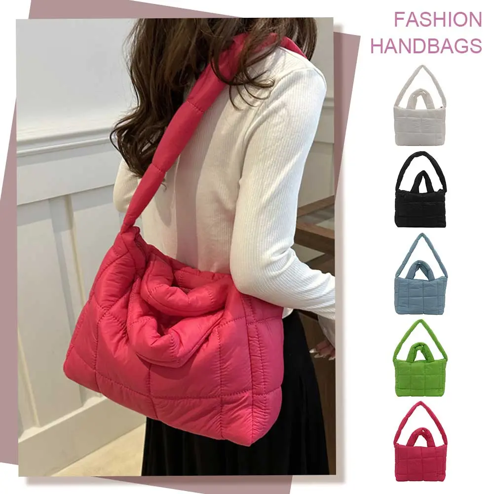 Women Quilted Shoulder Bag Large Capacity Puffer Tote Handbag Solid Color Quilted Top Handle Bag Ladies Commute Bag