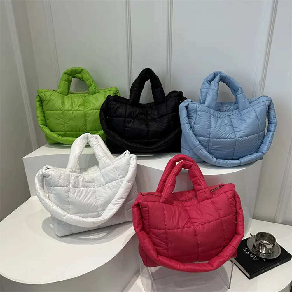 Women Quilted Shoulder Bag Large Capacity Puffer Tote Handbag Solid Color Quilted Top Handle Bag Ladies Commute Bag