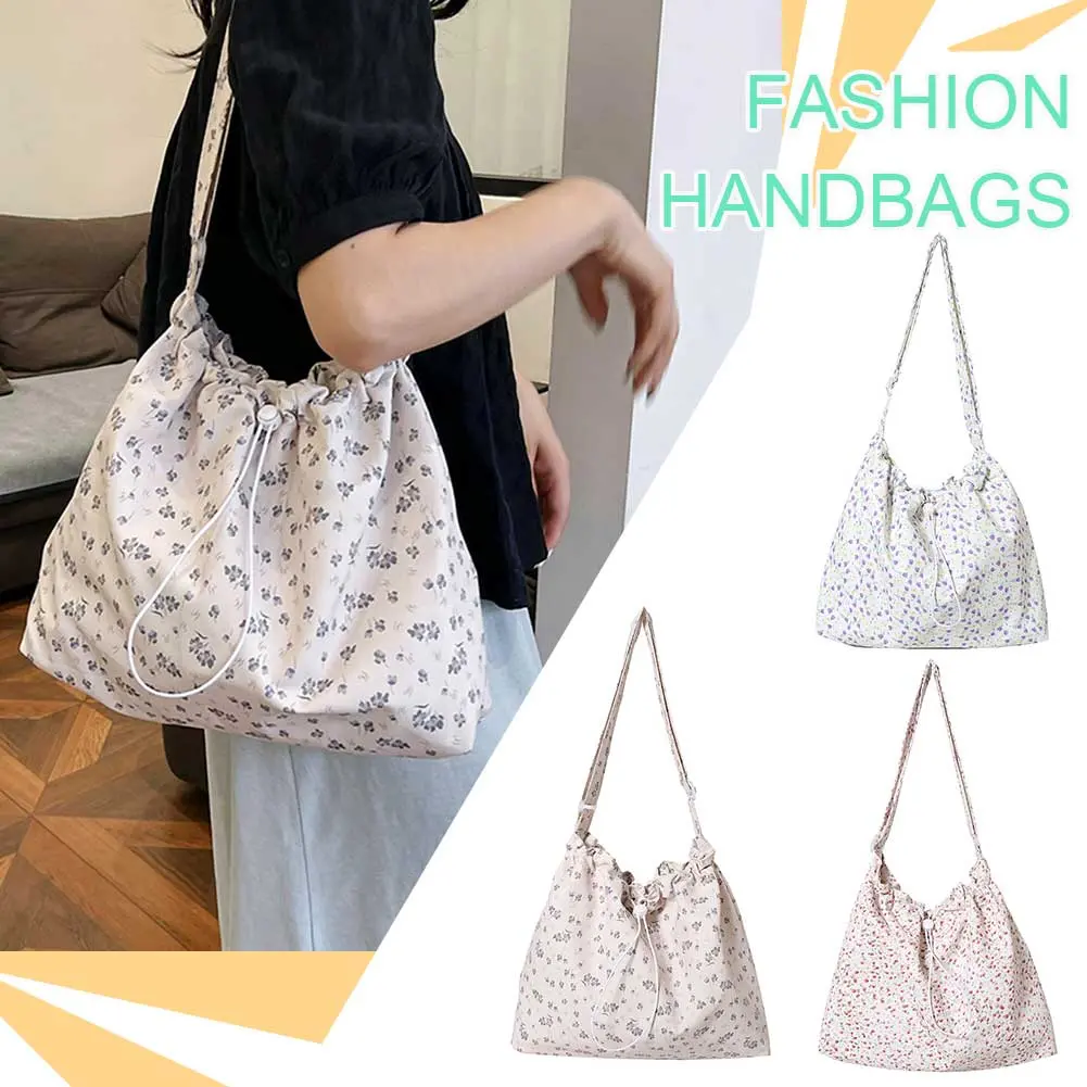 Women Floral Crossbody Bag Large Capacity Drawstring Trendy Satchel Bag Adjustable Strap Simple Sling Bag Daily Commuting Bag