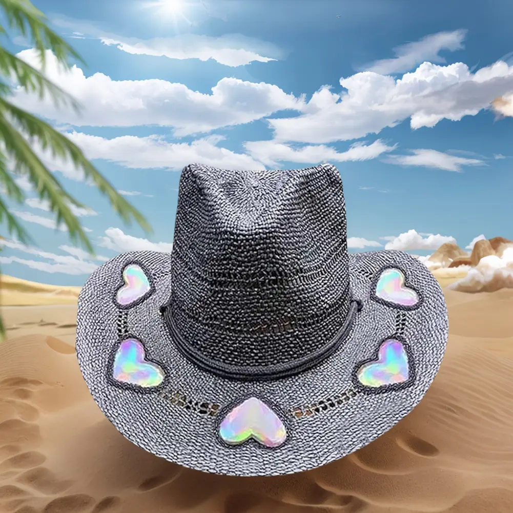 Women's Straw Cowboy Hats Summer Sun Hats Western Cowboy Sun Hats Vintage Beach Straw Caps Western Bohemia Cowboy Moon Love Hats