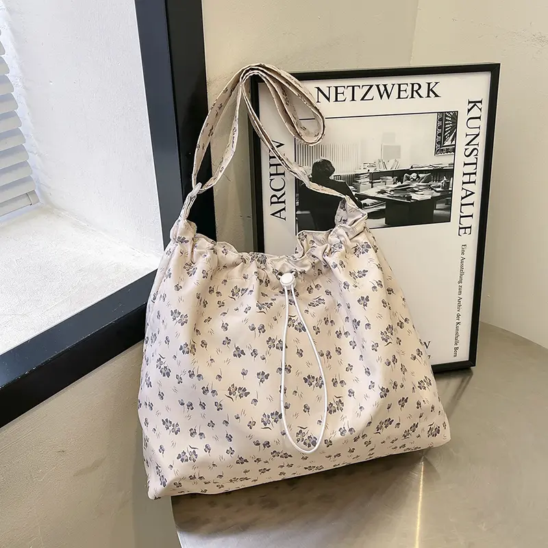 Women Floral Crossbody Bag Large Capacity Drawstring Trendy Satchel Bag Adjustable Strap Simple Sling Bag Daily Commuting Bag