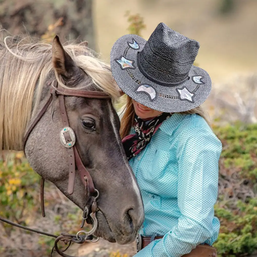 Women's Straw Cowboy Hats Summer Sun Hats Western Cowboy Sun Hats Vintage Beach Straw Caps Western Bohemia Cowboy Moon Love Hats
