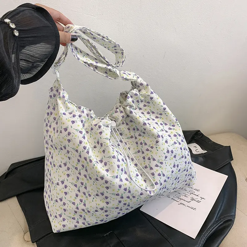 Women Floral Crossbody Bag Large Capacity Drawstring Trendy Satchel Bag Adjustable Strap Simple Sling Bag Daily Commuting Bag