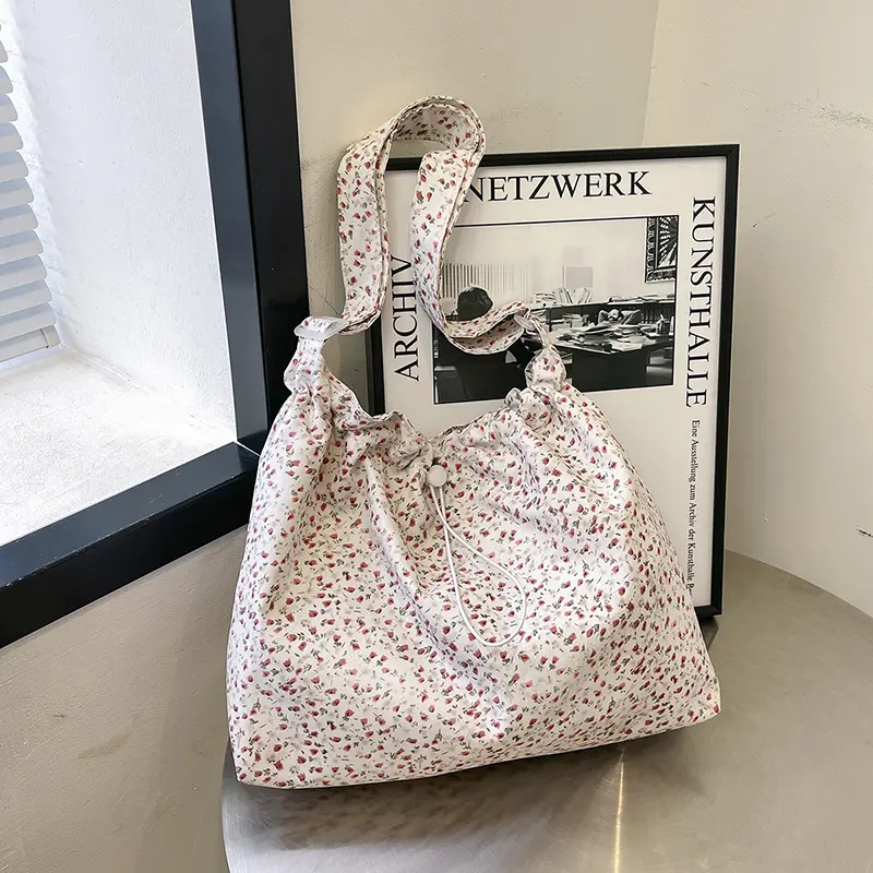 Women Floral Crossbody Bag Large Capacity Drawstring Trendy Satchel Bag Adjustable Strap Simple Sling Bag Daily Commuting Bag