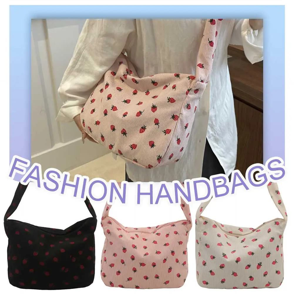 Women Corduroy Shoulder Bag Cute Strawberry Crossbody Bag with Zipper Handbag for Shopping Dating