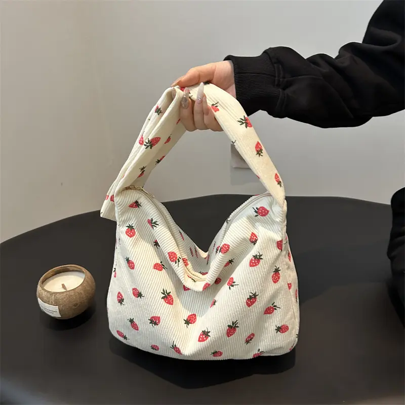 Women Corduroy Shoulder Bag Cute Strawberry Crossbody Bag with Zipper Handbag for Shopping Dating