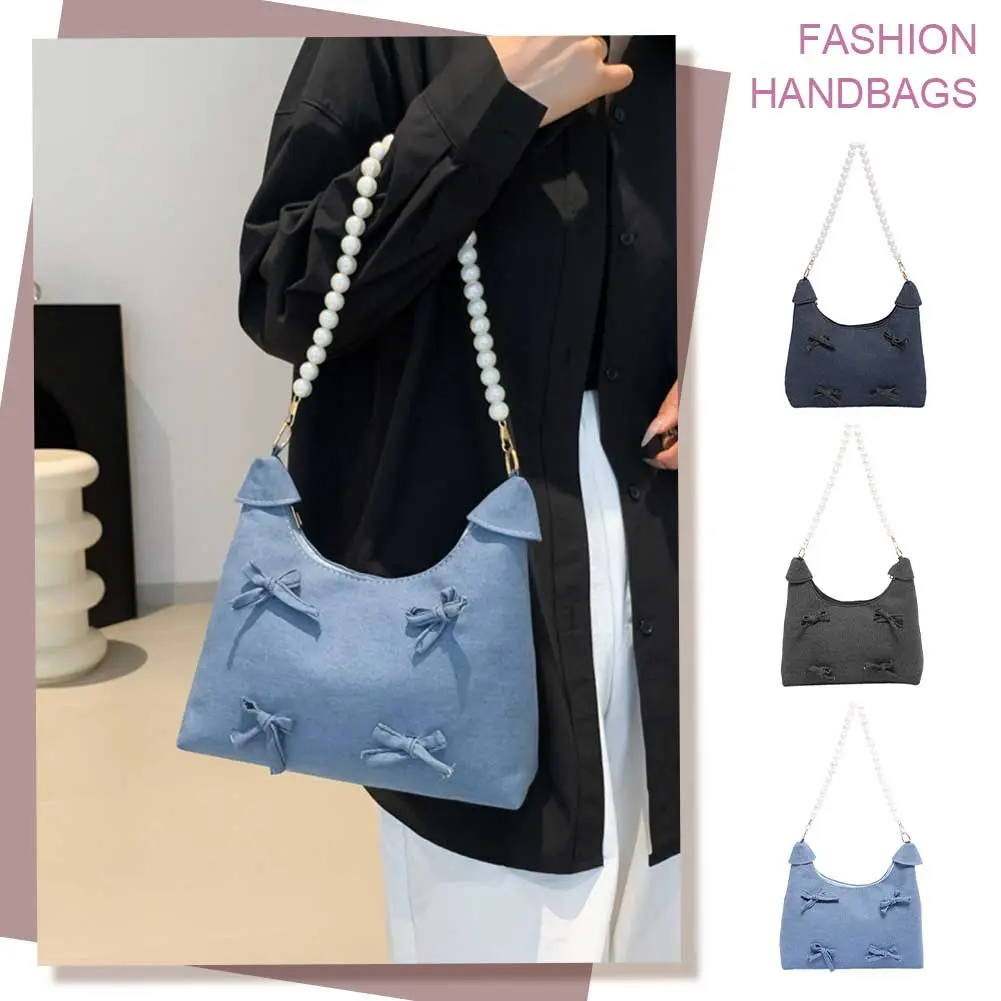 Denim Underarm Bag Bowknot Women Handbag Pearl Decor Crescent Bag Chain Strap Tote Purse for Work Travel
