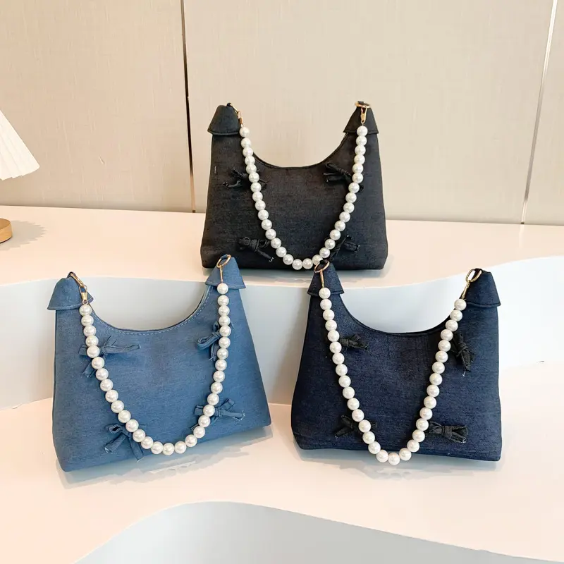 Denim Underarm Bag Bowknot Women Handbag Pearl Decor Crescent Bag Chain Strap Tote Purse for Work Travel