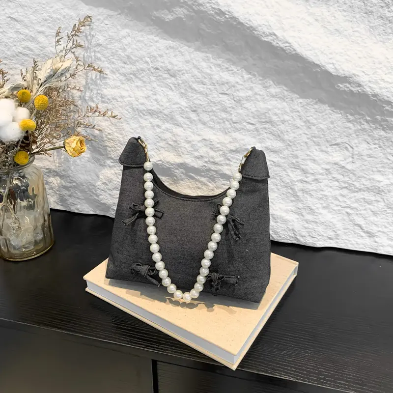 Denim Underarm Bag Bowknot Women Handbag Pearl Decor Crescent Bag Chain Strap Tote Purse for Work Travel