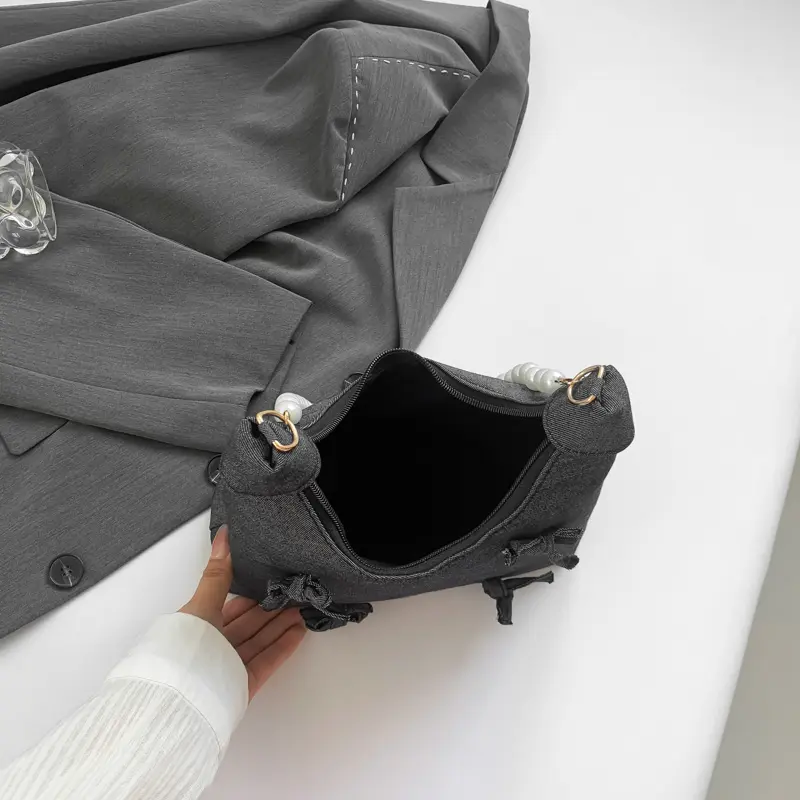 Denim Underarm Bag Bowknot Women Handbag Pearl Decor Crescent Bag Chain Strap Tote Purse for Work Travel