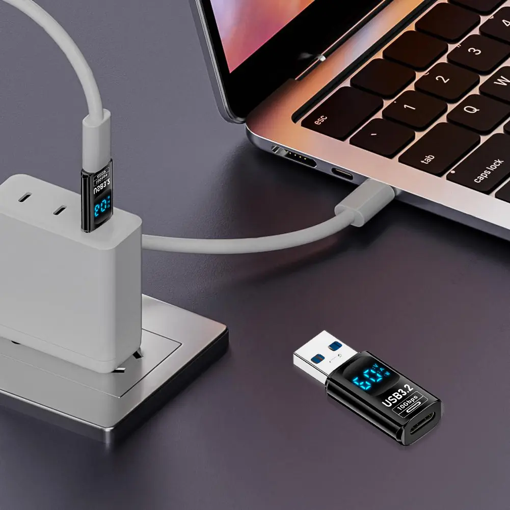 Digital LED Display USB To Type-C Adapter 10Gbps USB Type C Charger Converter 60W Universal for Mobile Phone Laptop Tablet