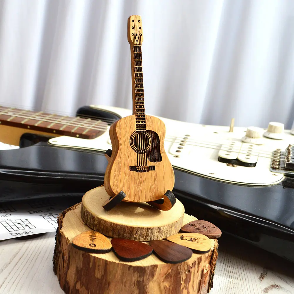 Wooden Acoustic Guitar Pick Box Guitar Pick Holder with Stand & Guitar Picks Plectrum Container for Guitar Players