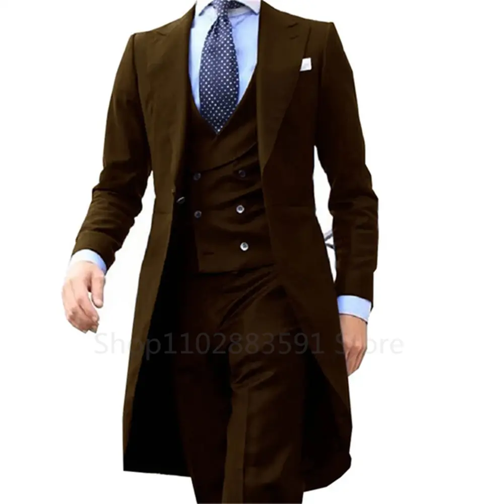 2024 Green Long Tail Blazer 3 Pieces Gentleman Male Suit Men's Fashion Groom Tuxedo for Wedding Prom Jacket Vest with Pants