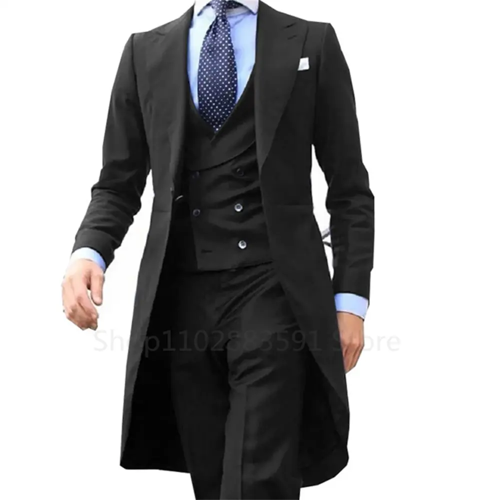 2024 Green Long Tail Blazer 3 Pieces Gentleman Male Suit Men's Fashion Groom Tuxedo for Wedding Prom Jacket Vest with Pants