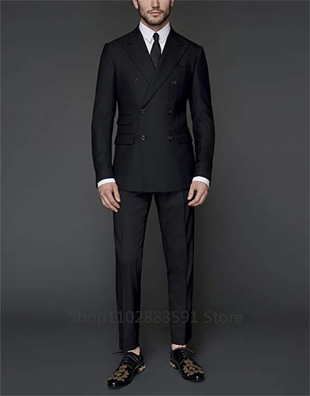 Fashion Peak Lapel Black Men Wedding Prom Dress Suits 2023 Double Breasted 2 Slits Men Suits Groom Party Tuxedo 2 Pieces Set