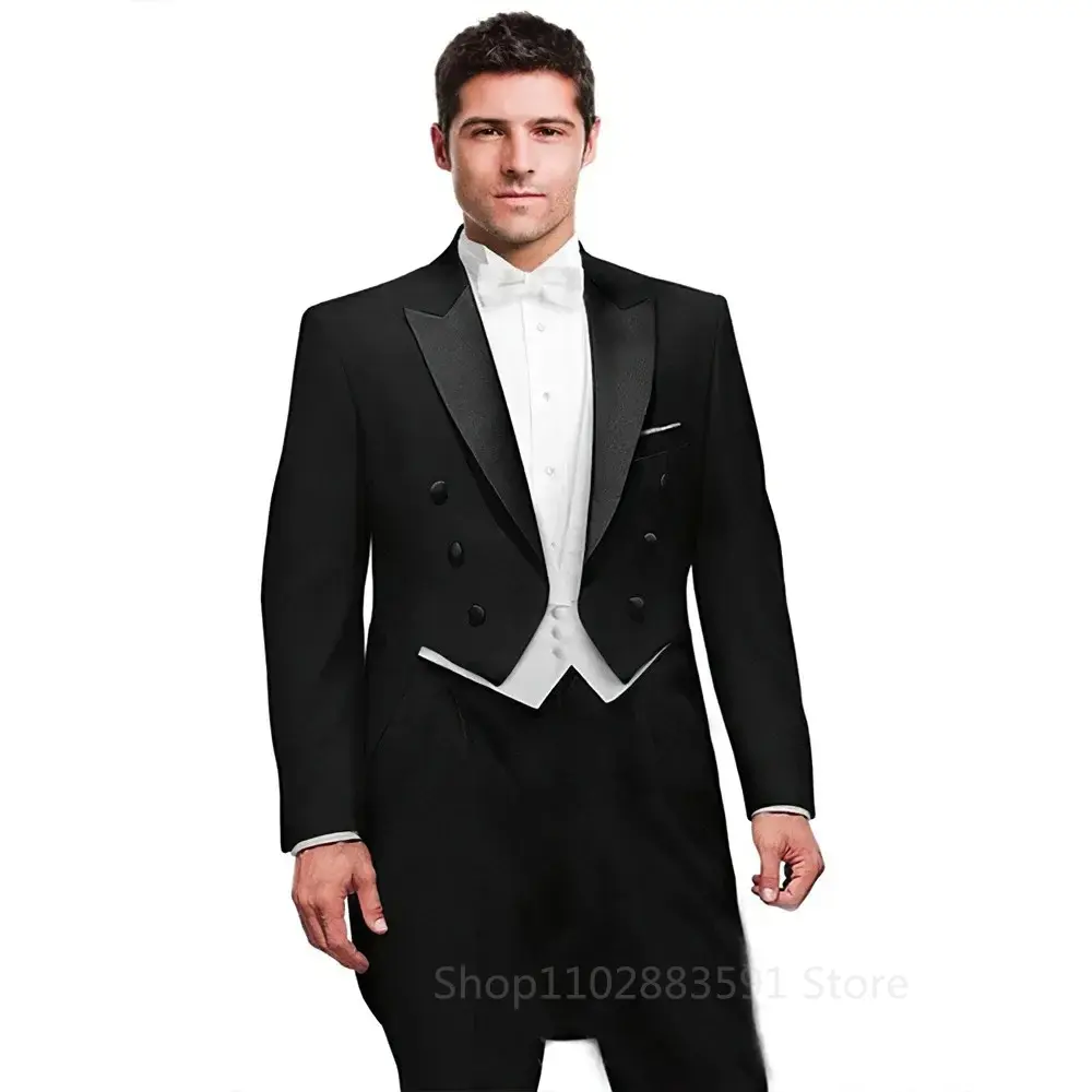 Elegant Black Men Suits 3 Piece Fashion Peak Lapel Double Breasted Wedding Tailcoat Prom Party Male Suit (Blazer+Vest+Pants)