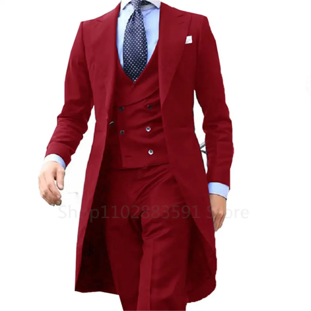 2024 Green Long Tail Blazer 3 Pieces Gentleman Male Suit Men's Fashion Groom Tuxedo for Wedding Prom Jacket Vest with Pants