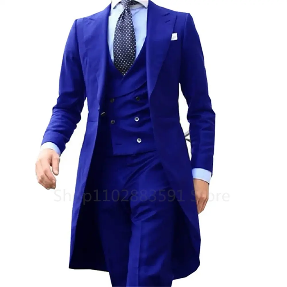 2024 Green Long Tail Blazer 3 Pieces Gentleman Male Suit Men's Fashion Groom Tuxedo for Wedding Prom Jacket Vest with Pants