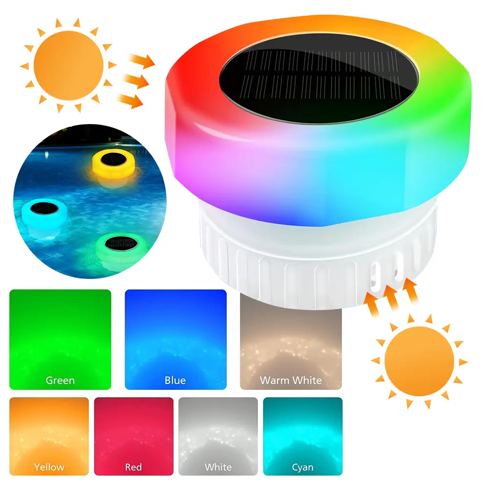 Solar Powered Pool Chlorine Floater with Colorful Light Chlorine Floating Water Cleaner IP68 Waterproof for Up To 3 Inch Tablets