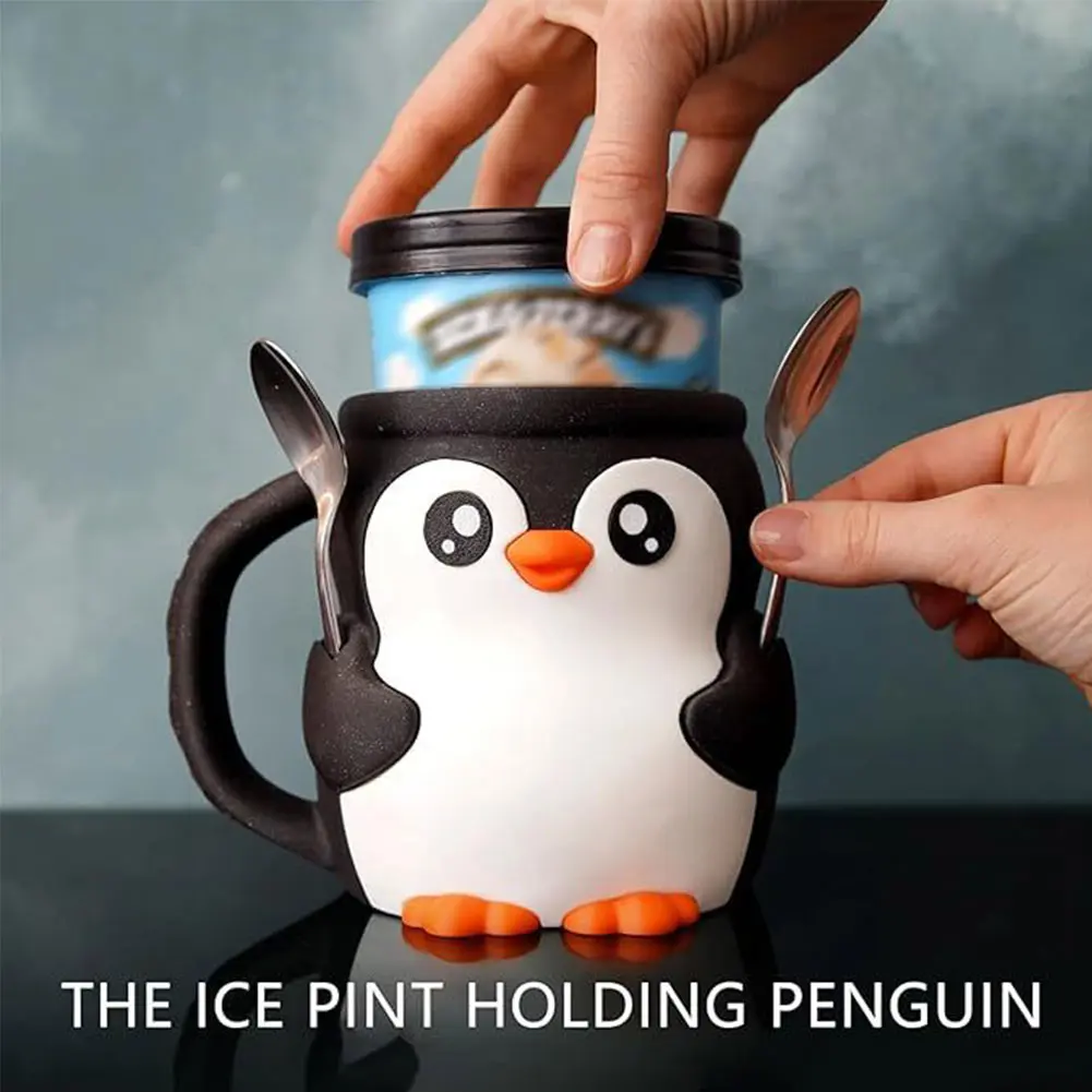 3D Printed Penguin Cute Ice Pint Holder with Spoon Holder Reusable Popsicle Holders Beer Can Holder for Yogurt & Frozen Desserts
