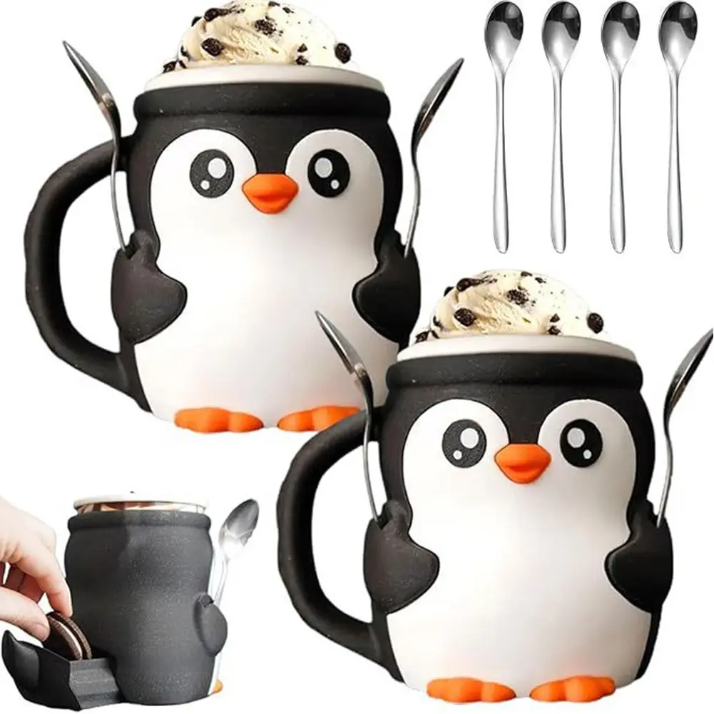3D Printed Penguin Cute Ice Pint Holder with Spoon Holder Reusable Popsicle Holders Beer Can Holder for Yogurt & Frozen Desserts
