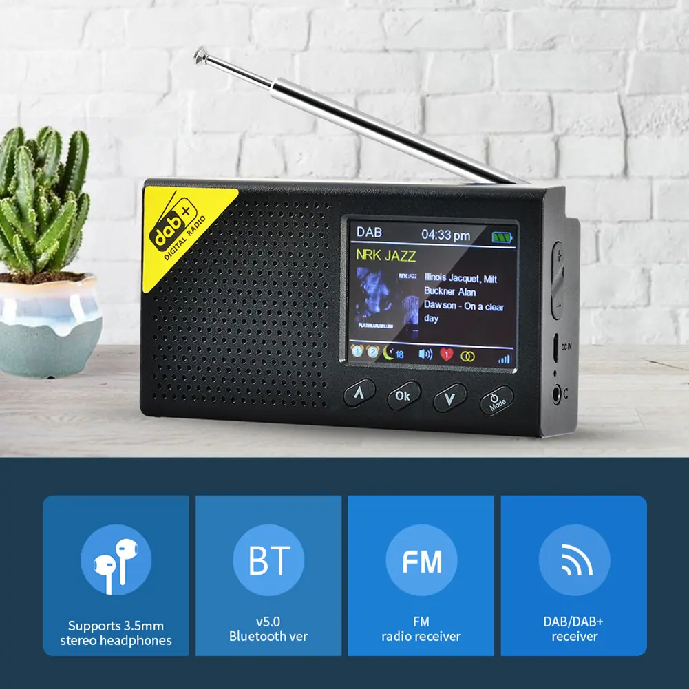 Portable Digital Radio Bluetooth-compatible 5.0 Stereo Portable for Home Office DAB FM Receiver Audio Broadcasting Player