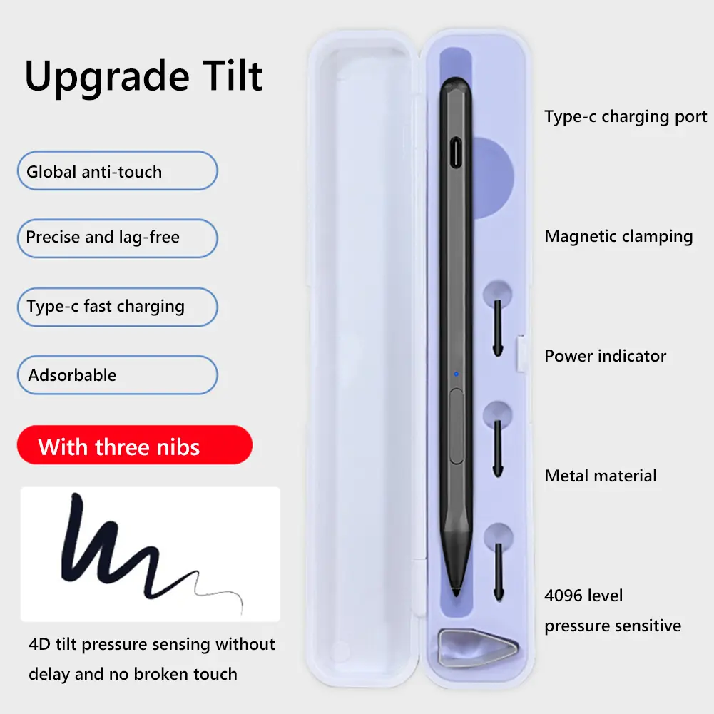 Active Capacitive Stylus Magnetic Active Pen 4096 Pressure Sensitive Type-C Rechargeable for Microsoft Surface Pro 9/8/7/6/5
