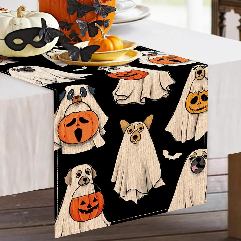 Halloween Spooky Ghost Dog Table Runner Jack O Lantern Pumpkin Bat Pumpkin Ghost Table Runner Indoor Outdoor Home Party Decor