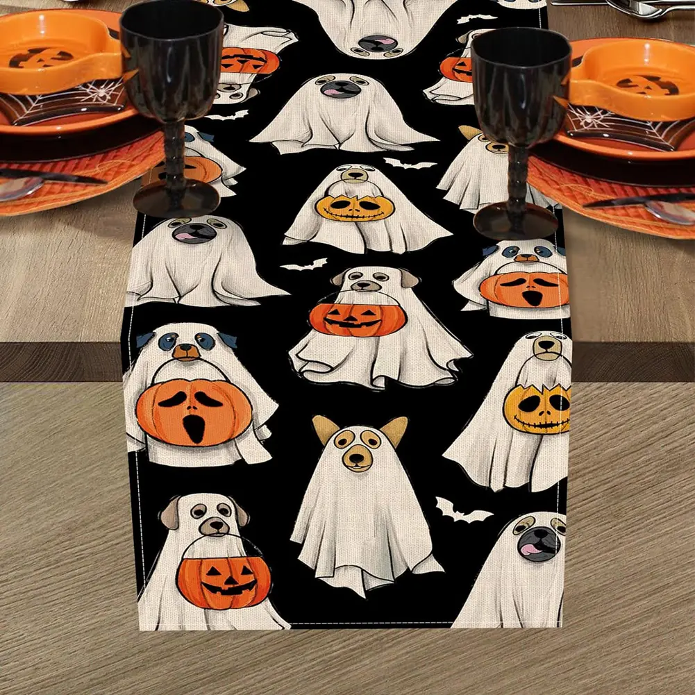 Halloween Spooky Ghost Dog Table Runner Jack O Lantern Pumpkin Bat Pumpkin Ghost Table Runner Indoor Outdoor Home Party Decor