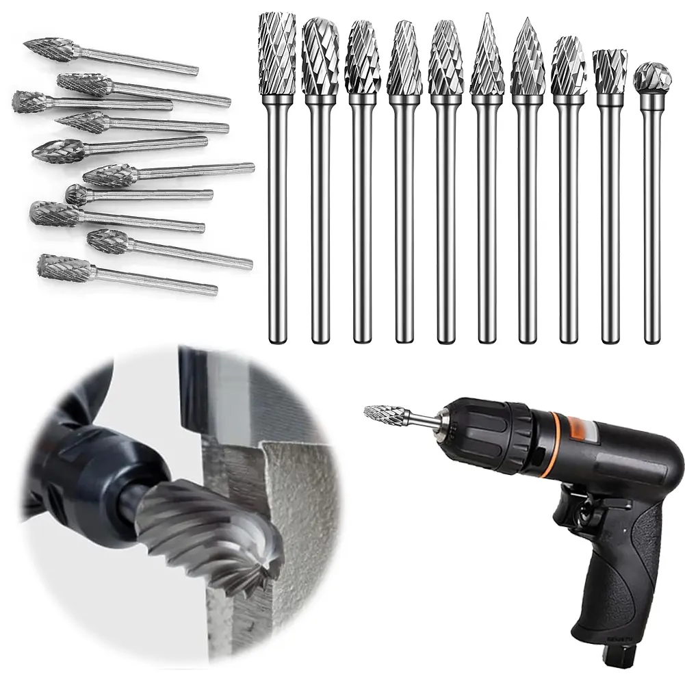 10Pcs Long Shank Carbide Rotary Burr File Double Cut Rotary Tool Rasp File for Metal Welds Carving Cutting Engraving Porting