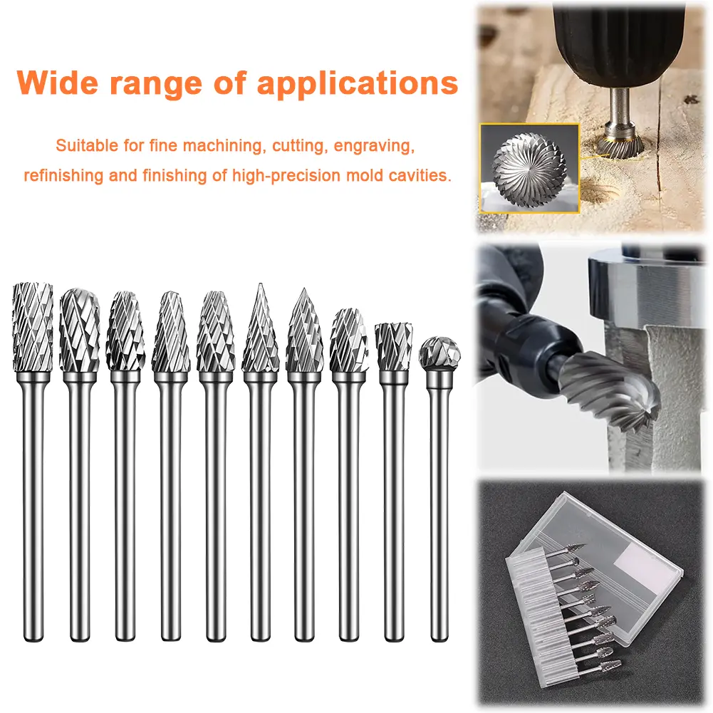 10Pcs Long Shank Carbide Rotary Burr File Double Cut Rotary Tool Rasp File for Metal Welds Carving Cutting Engraving Porting