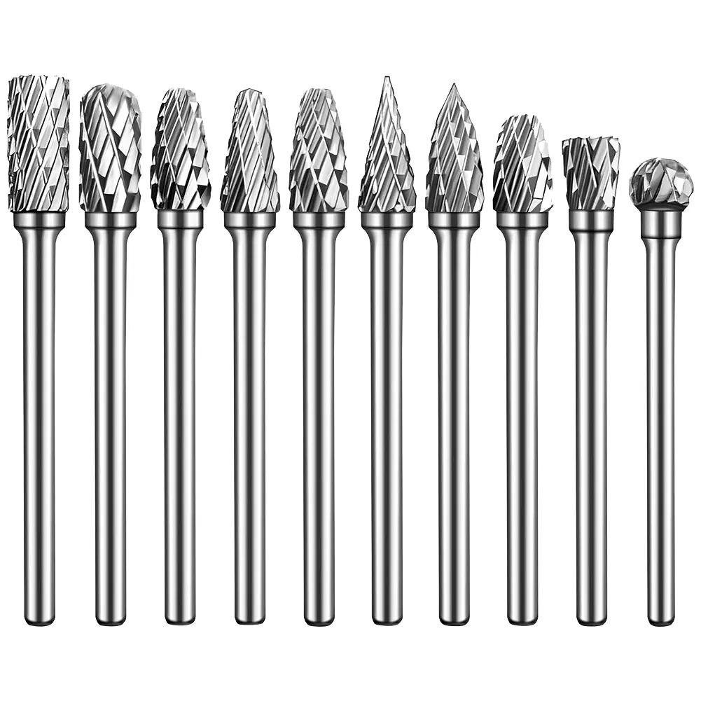 10Pcs Long Shank Carbide Rotary Burr File Double Cut Rotary Tool Rasp File for Metal Welds Carving Cutting Engraving Porting