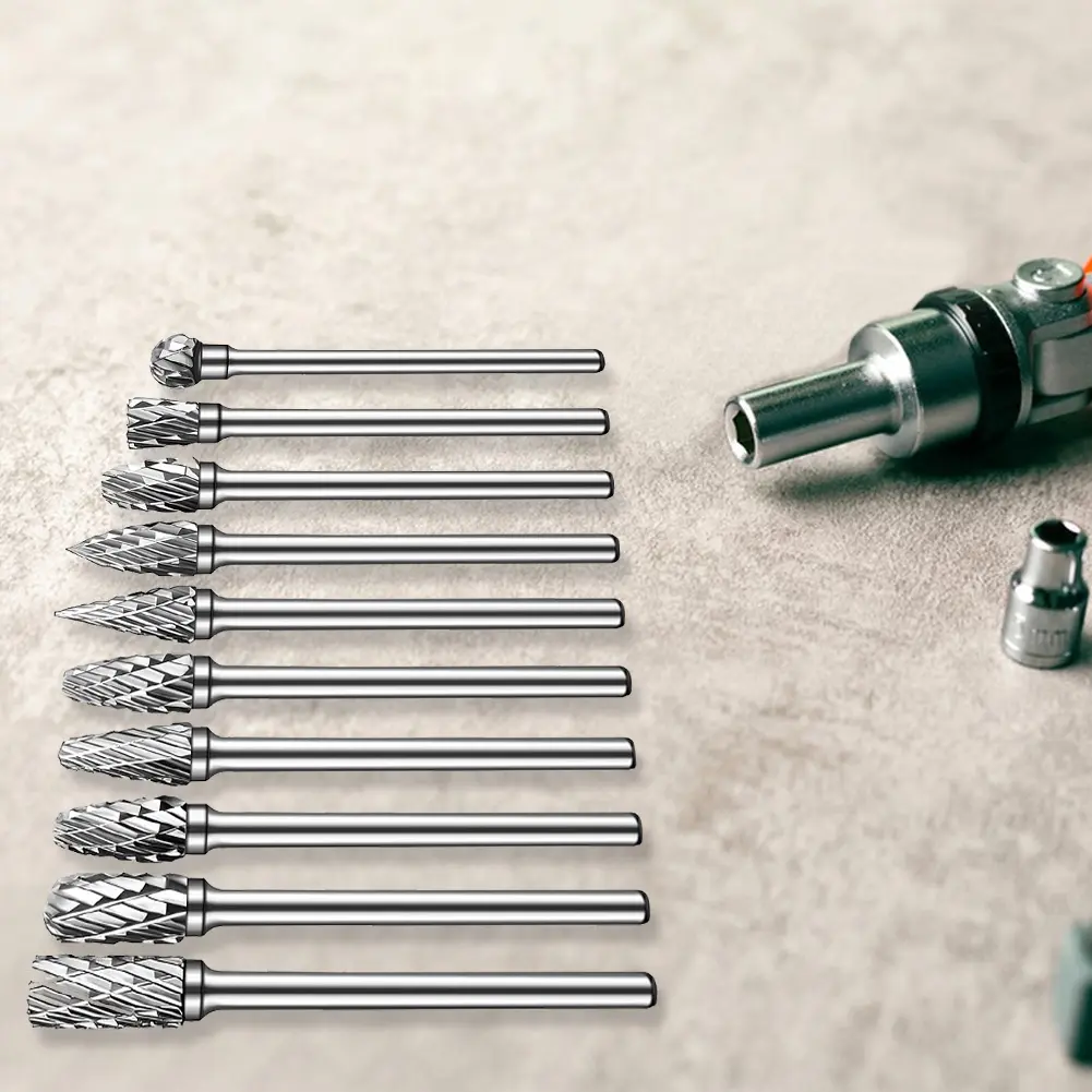 10Pcs Long Shank Carbide Rotary Burr File Double Cut Rotary Tool Rasp File for Metal Welds Carving Cutting Engraving Porting