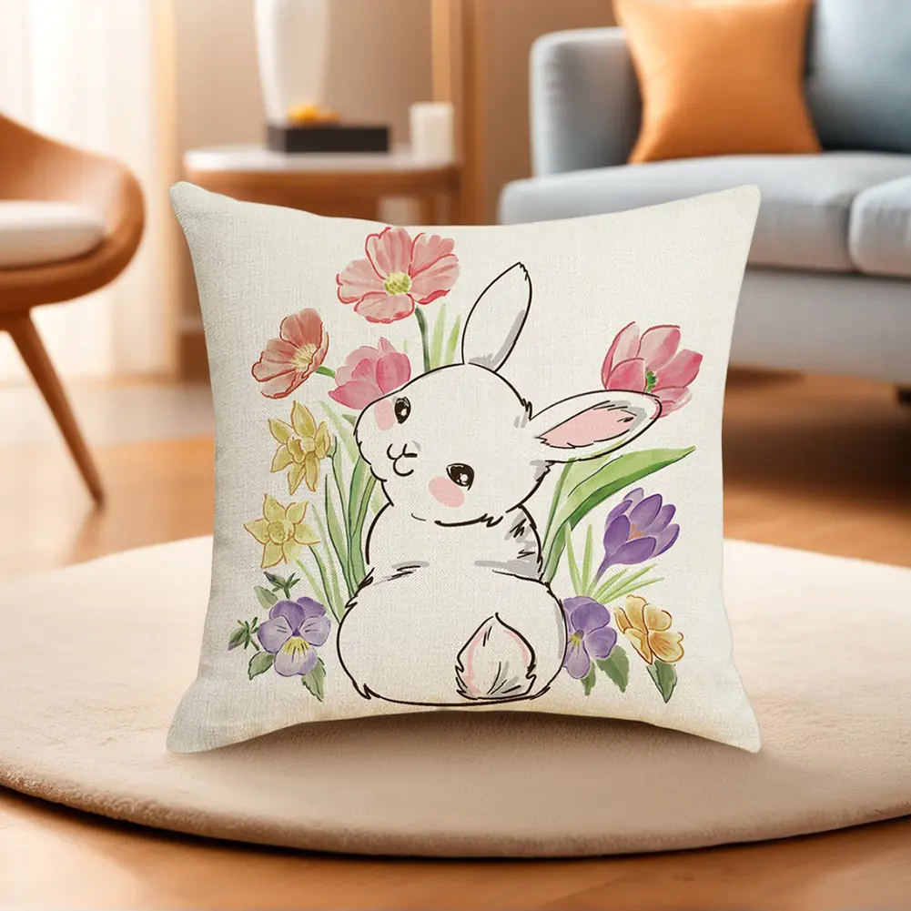 4pcs Easter Decor Bunny Throw Pillow Covers Rabbit Couch Cushion Case Pillowcase Home Room Bedroom Decoration 45x45cm