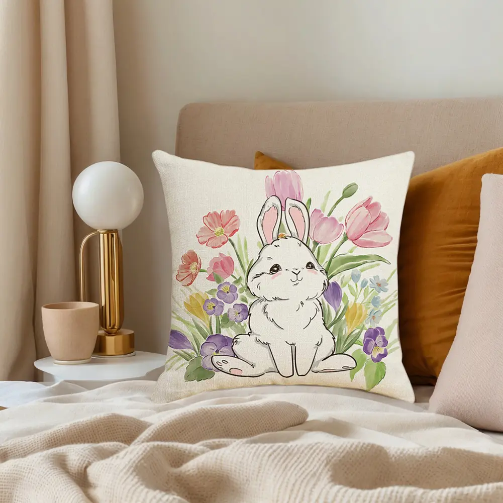 4pcs Easter Decor Bunny Throw Pillow Covers Rabbit Couch Cushion Case Pillowcase Home Room Bedroom Decoration 45x45cm
