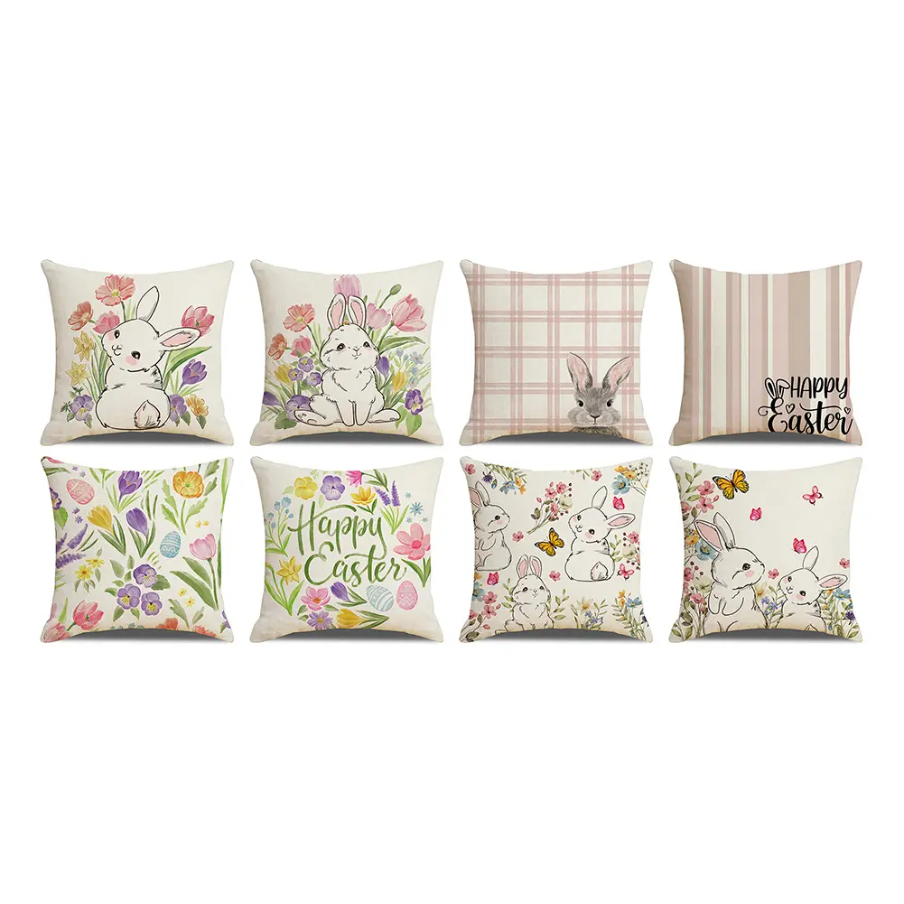 4pcs Easter Decor Bunny Throw Pillow Covers Rabbit Couch Cushion Case Pillowcase Home Room Bedroom Decoration 45x45cm